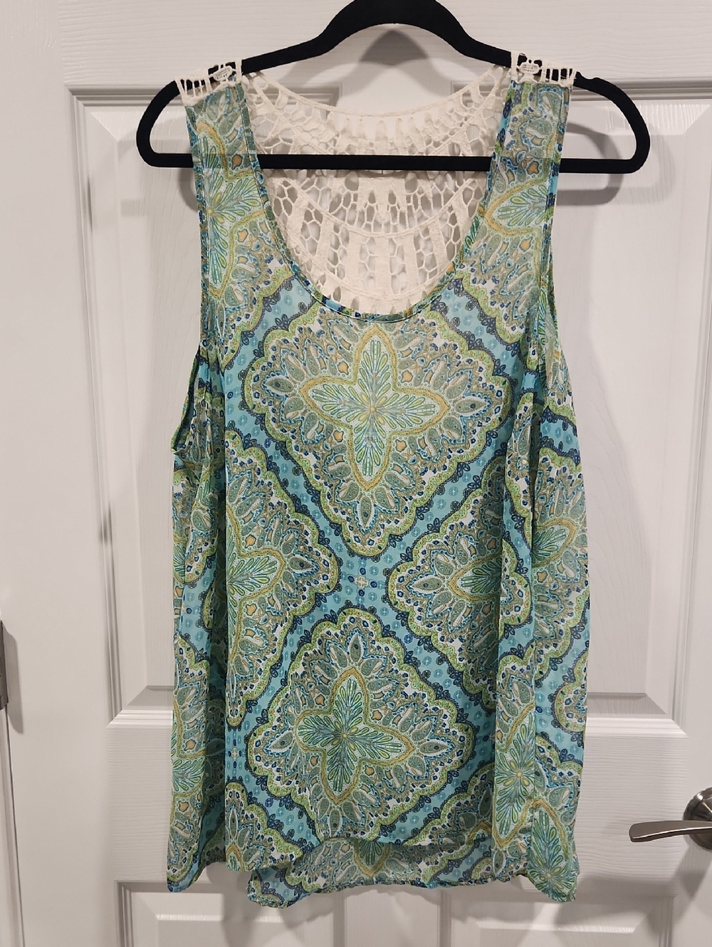 Maurices Blue and Green Printed Crochet-Back Tank